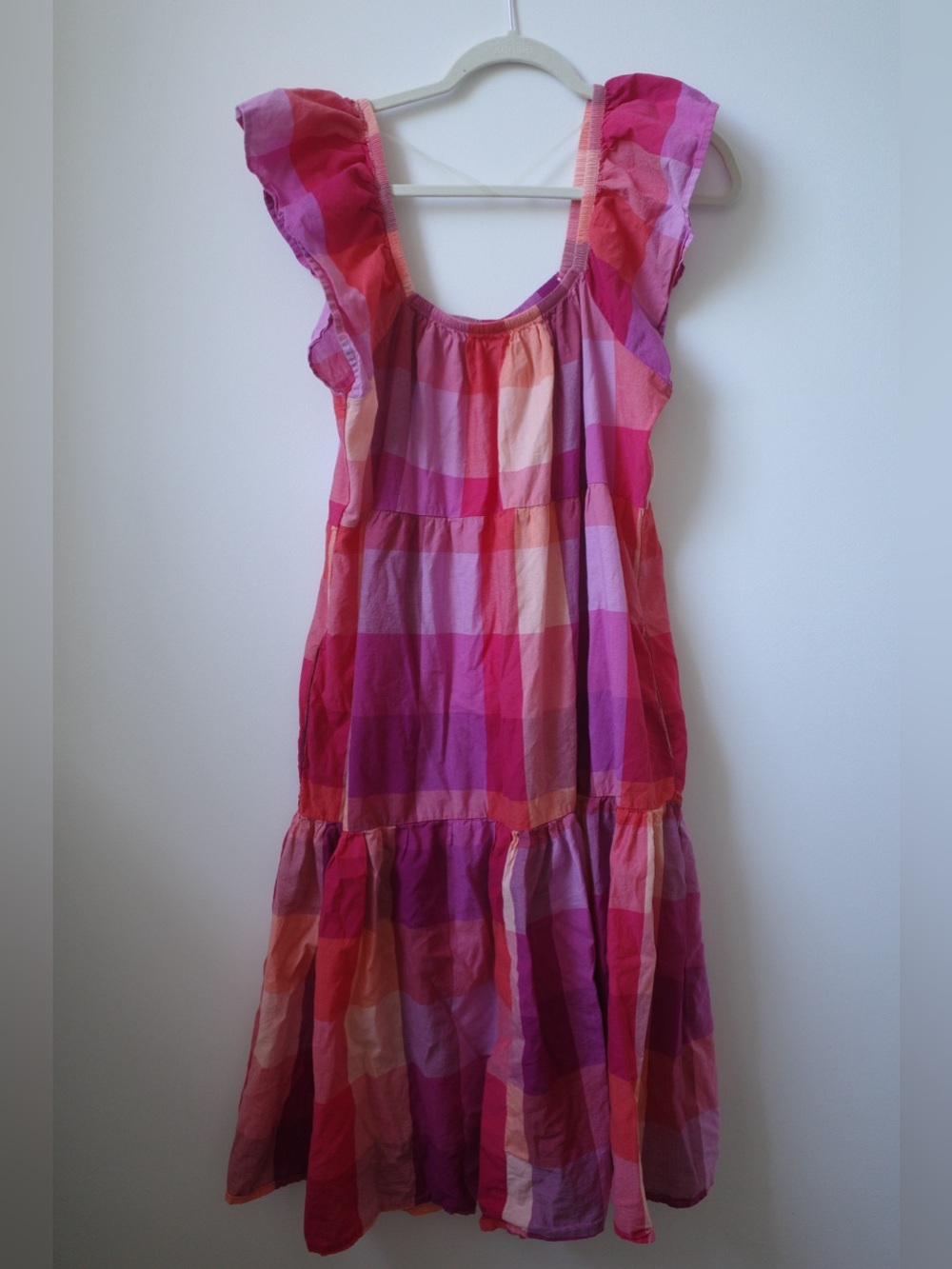 Women L US 12-14 Pink Plaid Sundress with Ruffle Straps